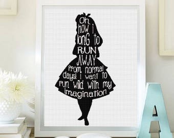 Alice in wonderland cross stitch modern pattern. instant download PDF cross stitch. Patrón Alicia en el país de las maravillas punto de cruz