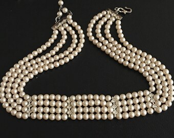 Vintage Monet Faux Pearl Choker Necklace Multi-Strand Wedding Bridal Formal - Four Strand Necklace