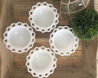 Vintage White Milk Glass Lace Set of 4 Pedestal Bowls