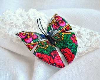 Textile brooch butterfly Folk art brooch Textile art pin Embroidered butterfly brooch Summer party outdoors Fiber art brooch Gift for her
