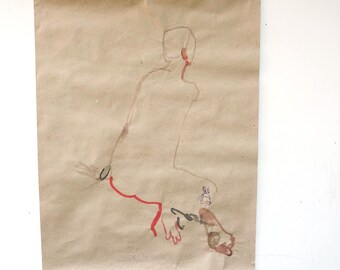 No1 Original Nude Figure ink Painting on brown paper RED BUTT, sitting Female Vertical hummingbird TATTOO
