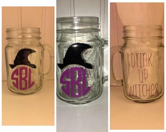 Monogrammed here for the boos halloween ghost mason jar or monogrammed drink up witches mason jar