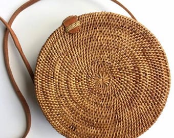 Round rattan basket bag, Bohemian round shoulder bag,Round shoulder bag, Woven Ata bag