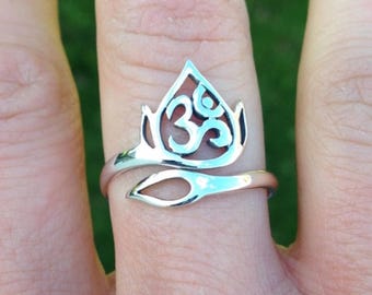 Lotus Ring Yoga Jewelry Lotus Openwork Ohm Flower Spiritual 925 Sterling Silver Adjustable UK Size J K L M N O P