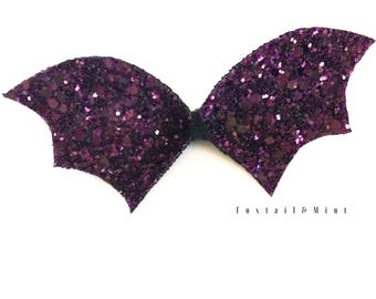 Purple Bat Wing Bow, Hair Bow, Halloween Bow, Bat Bow, Glitter Bow, Halloween Hair Bow
