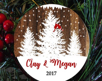 Couple personalized ornament, love bird tree ornament, FAUX wood christmas ornament, newlywed ornament, couple christmas ornament