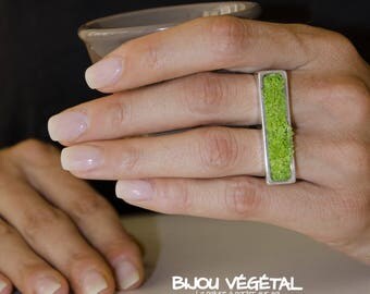 Bague "Jardinière" argent 925 rhodié ajustable avec lichen vert