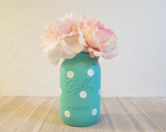 SUMMER SALE Polka Dot Mason Jar - Turquoise and White Quart Ball Jar - Baby Shower Centerpiece - Polka Dot Decor - Mason Jar Painted