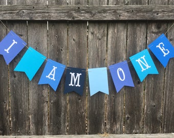Blue ombré cake smash banner. I AM ONE BANNER. Baby birthday banner. First birthday banner. First birthday photo prop.