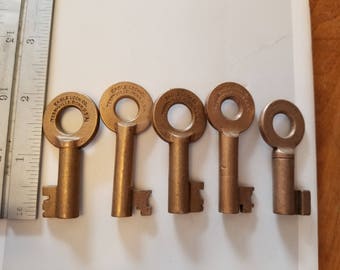 Lot of 5 Antique brass barrel railroad keys Eagle lock co
