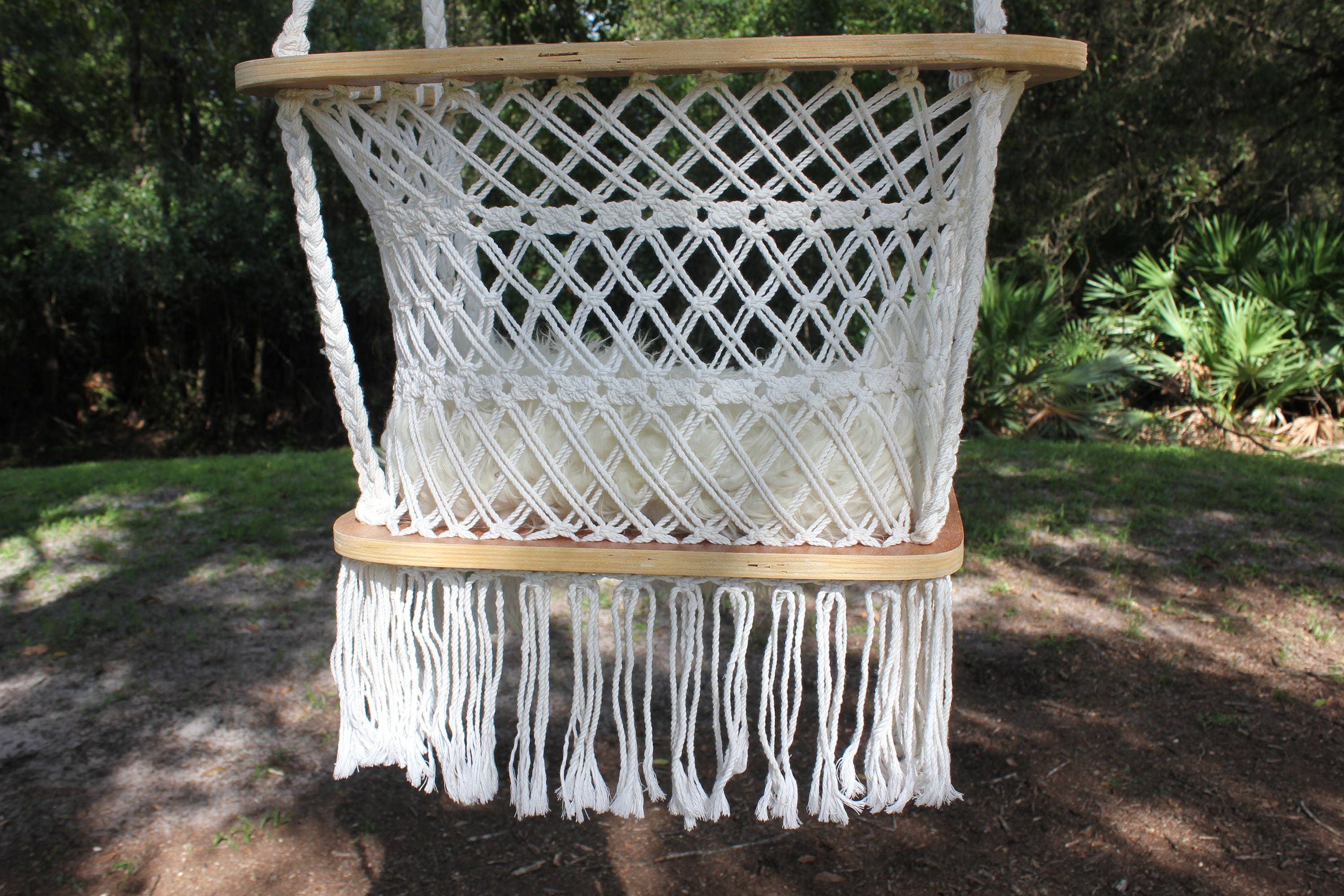 Handmade Vintage Macrame and Wood Frame Hanging Swing Chair