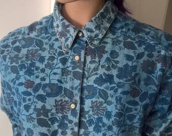 80s 90s floral chambray l/s shirt size 10-12