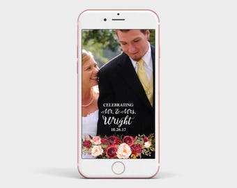 Marsala Floral Wedding Snapchat Filter, Rustic Burgundy and Pink Flower and Calligraphy Snapchat Geofilter Image - Wedding Snapchat Filter