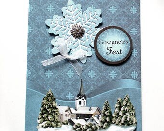 3D Christmas card with german saying blue silver handmade unique greeting card with envelope gift xmas