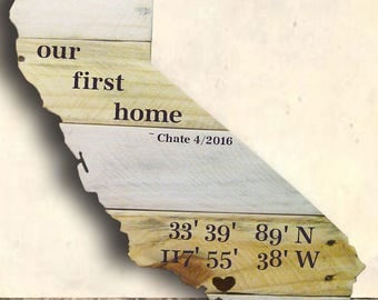 Custom State Sign - State Art - Wood Wall Art - Map Silhouette - State Cut Out - State Cut Out Sign with Coordinates - Housewarming Gift