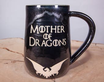 Mother of Dragons Game of Thrones Handmade Coffee Pottery Mug, Black and Silver coffee mug
