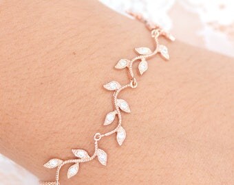 Vine Bridal Bracelet, Rose Gold Bracelet , Bétina, CZ Wavy Vine Bracelet,Rose Gold Leafy Vine Cubic Wedding Bracelet, Rose Gold Bracelet