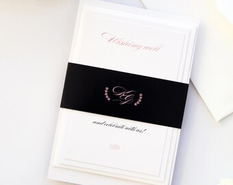 Katerina Peach Wreath Wedding Invitation Set, Elegant Monogram Wedding Invitation, Wedding Invitations Templates or Printed Invitation Kits
