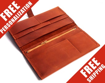 Leather Wallet Woman Brown Free Personalized Purse Long Wallet/Leather Travel Wallet/Passport Wallet/Gift for her/Womans Gifts Engraving