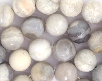 12mm faceted cream crazy lace agate round beads 15" strand 36386