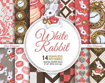 SALE 50% OFF White Rabbit at Wonderland Digital Paper Pack Seamless Pattern Alice in Wonderland Checkered Heart Spade Diamond Pocket watch B