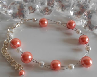 Wedding bracelet twist of coral and white beads