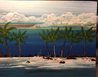 Wood stain art Ocean palms