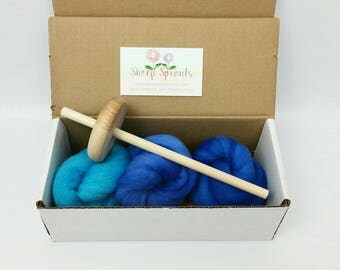 Learn to Spin Kit - Mini Blues Kit - Drop Spindle + Fiber Bundle - Hand Dyed US Wool Roving - 1/2 (.5) oz each of 3 Colors US Wool + Spindle