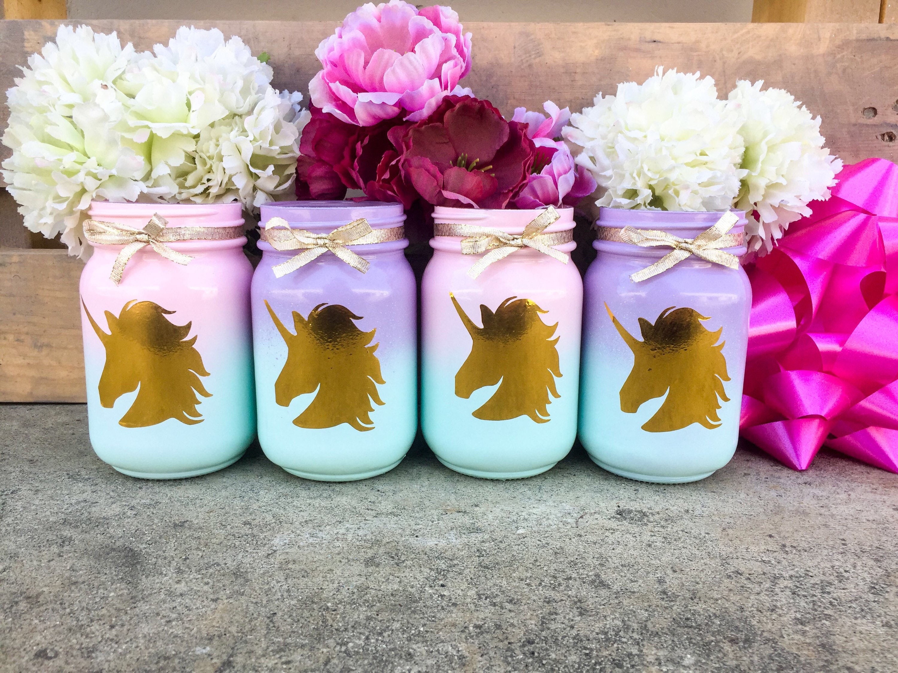 Set of 2. Unicorn mason jars. Unicorn party centerpieces.