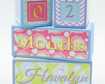 Age Blocks - Baby Age Blocks - Baby Age Prop - Baby Shower - Milestone Blocks - Photo Prop - Nursery Decor - Pastel - Paisley, Lavender