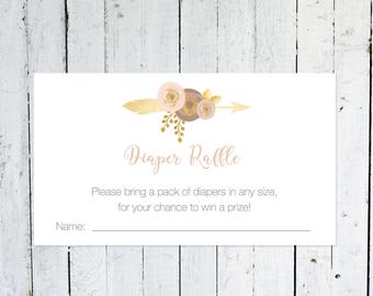 Diaper Raffle Ticket, Pink And Gold Diaper Raffle Ticket, Feathers, Arrow, Purple, Floral, Instant Download