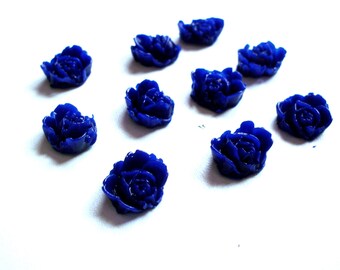 set of 10 blue flowers painted, scrapbooking dark cold porcelain