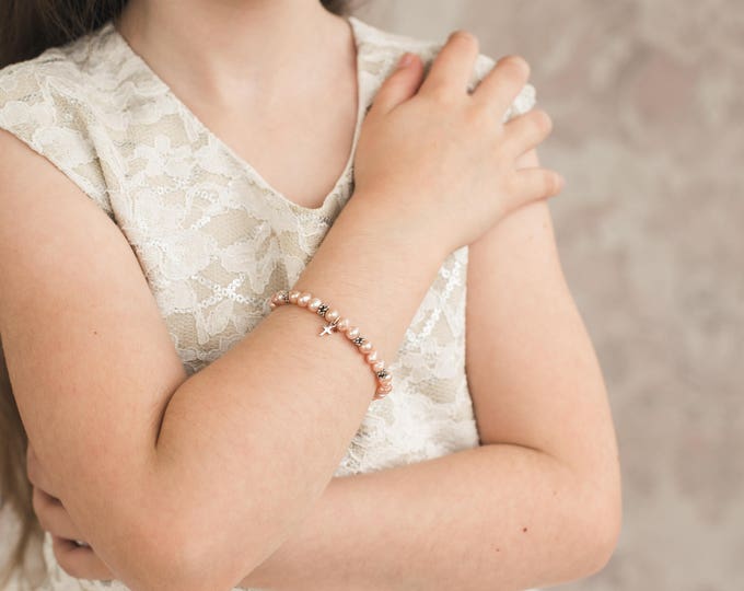 Freshwater Pearl Stretch Bracelet, Cross Charm Bracelet, Child's Easter Bracelet, Children's First Communion Pearl Bracelet