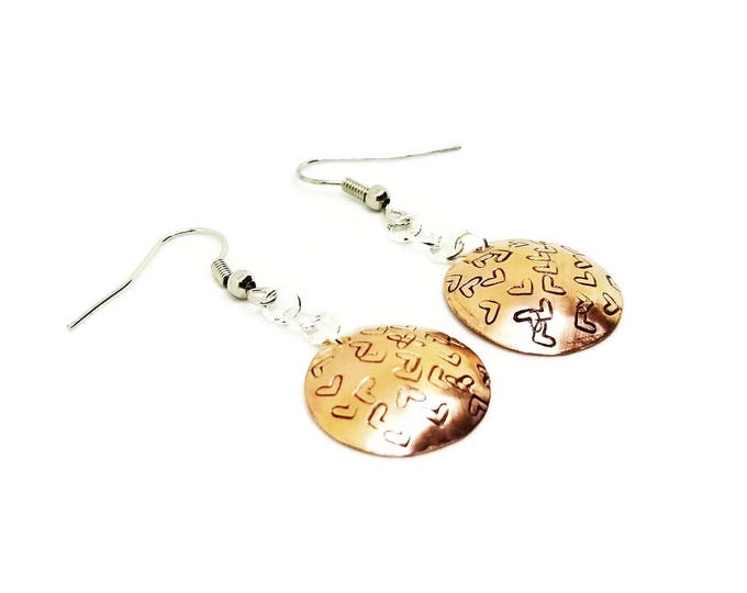 Copper Domed Heart Earrings, Hand Stamped Copper Earrings, Shiny Copper Earrings, Unique Birthday Gift, Gift for Her, Valentine's Day Gift