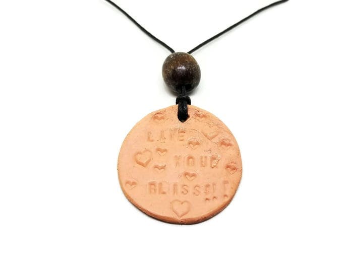 Terracotta Clay Essential Oil Diffusing Necklace, Aromatherapy Clay Necklace, Hand Stamped Adjustable Necklace, Unique Birthday Gift