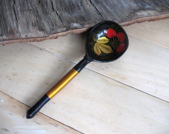 Vintage hand painted wooden spoon Khokhloma spoon Spoon black red gold Russian painted spoon Folk rustic decor Home decor Kitchen decor