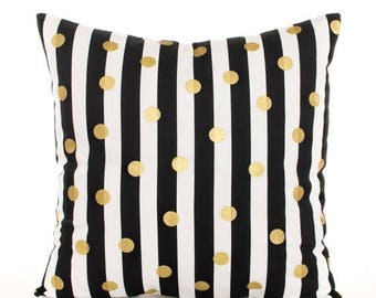 SALE ENDS SOON Black and Gold Throw Pillow Cover, Gold Polka Dot Pillow, Black and White Striped Pillowcase, Gold Dots, Metallic Gold Pillow