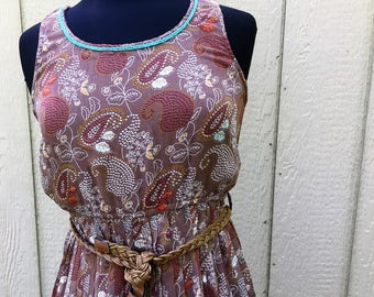 Brown Paisley Hi-Lo Dress, Upcycled Boho Hippie Gypsy Chic, Wearable Art, Womens Size Small
