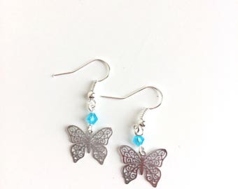 Butterflies and blue turquoise beads earrings