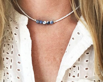 Sodalite necklace chakra necklace dainty beaded choker beaded necklace chakra choker sodalite tiny beaded choker delicate necklace boho