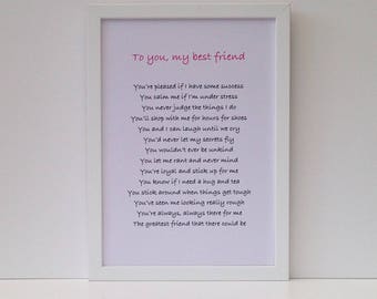 Personalised friendship poem, Best friend goodbye gift, thank you present, Gifts for women friends, Framed print for sister’s wedding day
