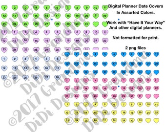 Heart-Shaped Date Covers in Assorted Colors for Digital Planners (GoodNotes)