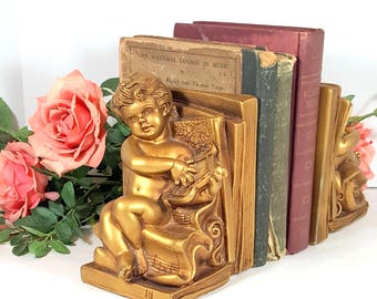 GOLD CHERUB BOOKENDS Vintage Cherubs Shabby Chic Victorian Bookends Mid Century Hollywood Regency Paris Apartment Nursery Gold Bookends