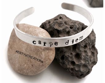 Carpe Diem hand stamped cuff bracelet engraved bracelet seize the day motivational bracelet inspirational gift under 20 gift for her