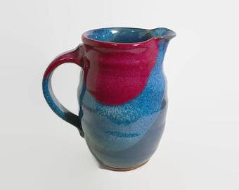 pottery pitcher, blue pottery, ceramic pitcher, sarah gamble pottery, mother's day,red vase stoneware pottery blue pitcher pottery handmade