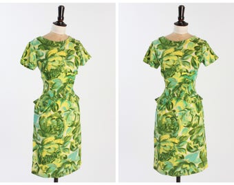 Vintage 1950s 50s Green Floral Wiggle Dress UK10/US6