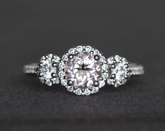 engagement ring natural pink morganite ring round cut gemstone sterling silver ring