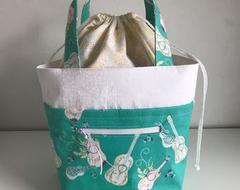 Guitar Knitting project bag, medium luxury knitting bag, Handbag, Craft Bag, Crochet Bag, Yarn Bag, WIP Bag, Drawstring bag, Project bag