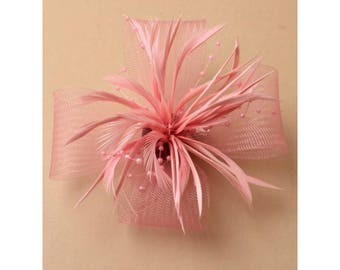 Pink Fascinator Pink looped net & feather flower fascinator on a forked clip and brooch pin. Wedding Fascinator, Prom, Races, Party, Corsage