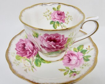 Royal Albert "American Beauty" Bone China Footed Teacup and Saucer Large Pink Roses